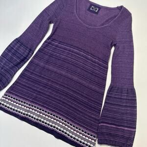 Decree Vintage Y2K Purple Striped Knit Bell Sleeve Babydoll Tunic Dress Size L